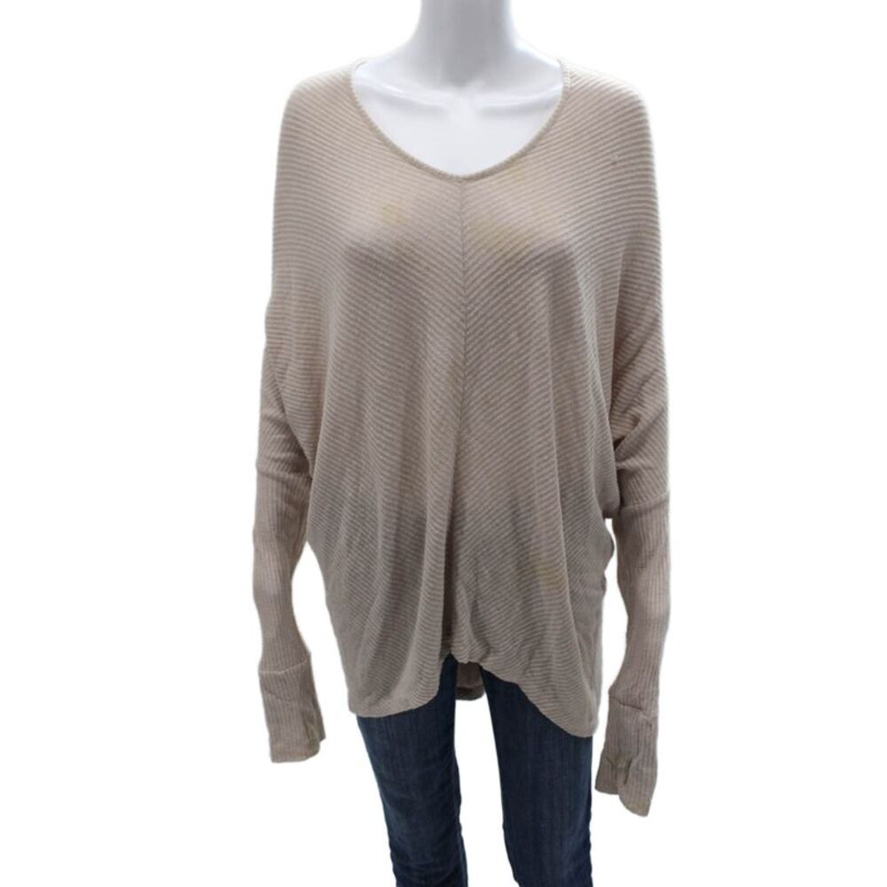 Sen Womens V-Neck Striped Pullover Sweater Beige Polyester Long Sleeve Size M